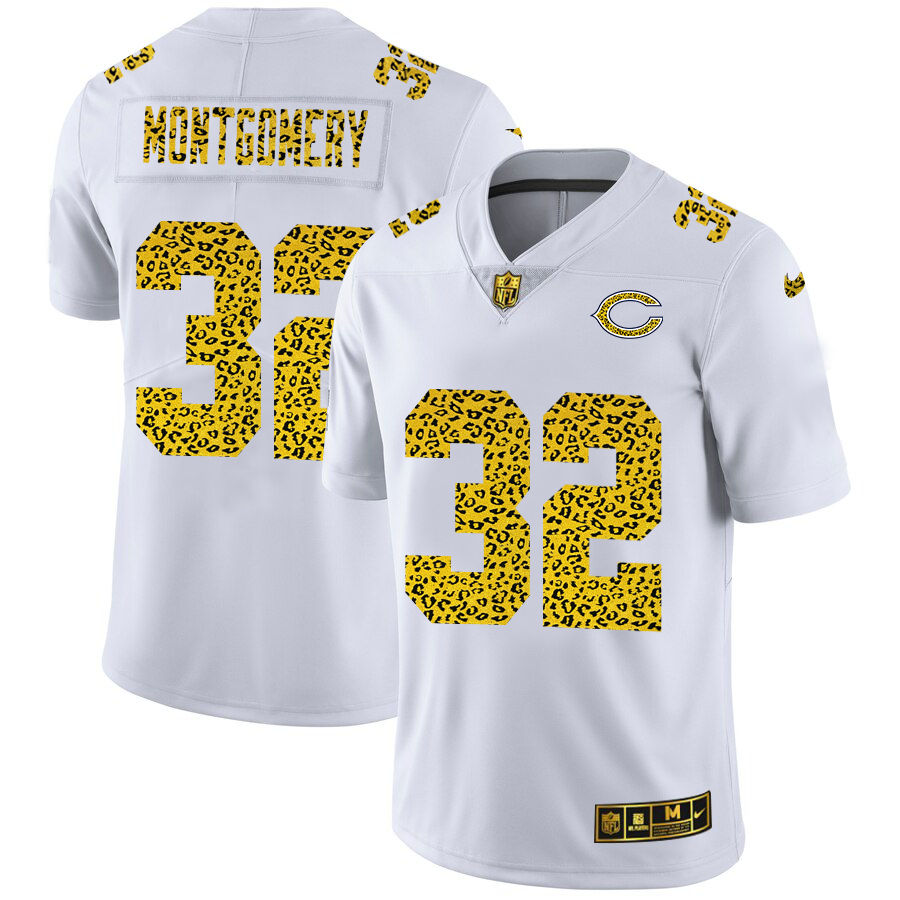 Chicago Bears #32 David Montgomery Men Nike Flocked Leopard Print Vapor Limited NFL Jersey White